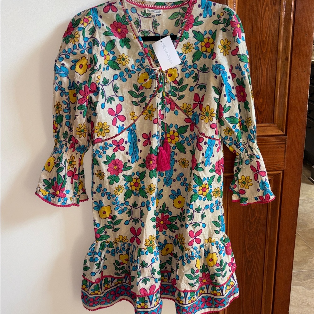 Mods Posa ⭐️NWT ⭐️ size XS Cream Floral Tassel Dress with Pink, Yellow & Blue - Picture 4 of 12
